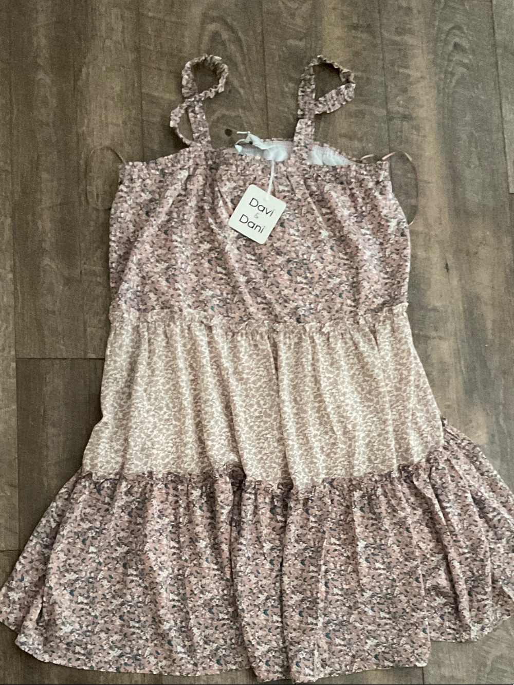 DAVI & DANI Pink and Cream Floral Tiered Ruffle Dress